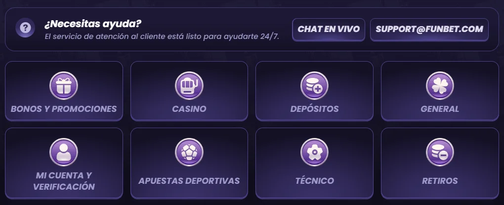 FunBet Casino centro de ayuda con chat en vivo, soporte y categorías de atención