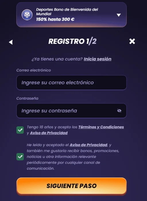 FunBet Casino formulario de registro con bono de bienvenida y creación de cuenta